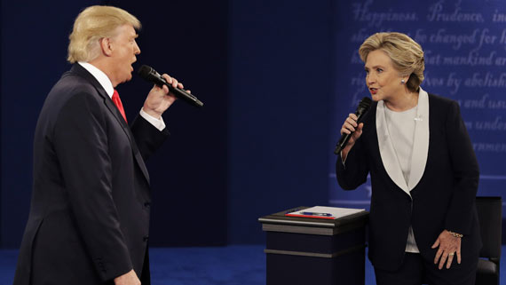 Donald Trump and Hillary Clinton debating in second presidential debate. 