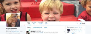 The Twitter profile of Bryan that says he is a father to three kids and happily married to Sarah.