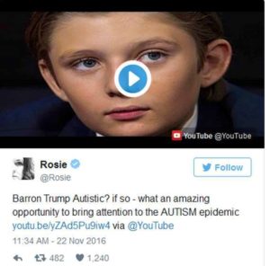 Rosie O'Donnell Tweets that Barron Trump has autiism.