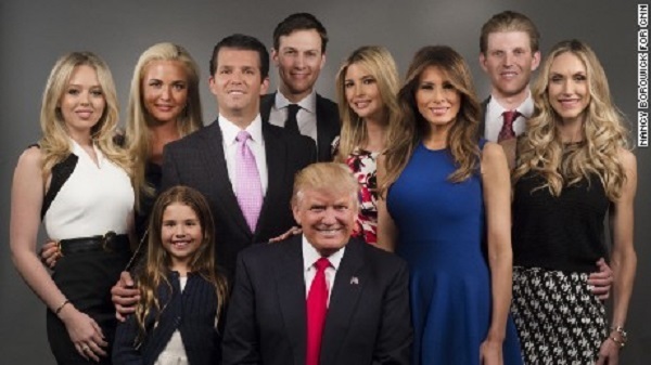 President Donald Trump with his wife and all his children including son in law Jared Kushner and daughter in laws Lara Yunaska and Vannessa Haydon.