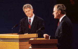 George H W Bush in debate with Democrat Bill Clinton in 42nd US presidential Debate.