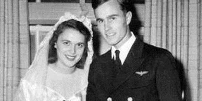 George H W Bush and Barbara Bush wedding Photo. WW II was raging at that time.