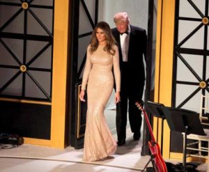 First Lady Melania Trump in shining golden gown in Thursday Night's party organised for campaign donors.