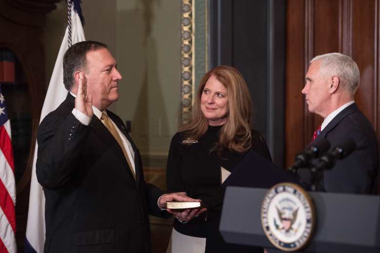 Vice President Mike Pence doing the oath ceremony of Mike Pompeo.