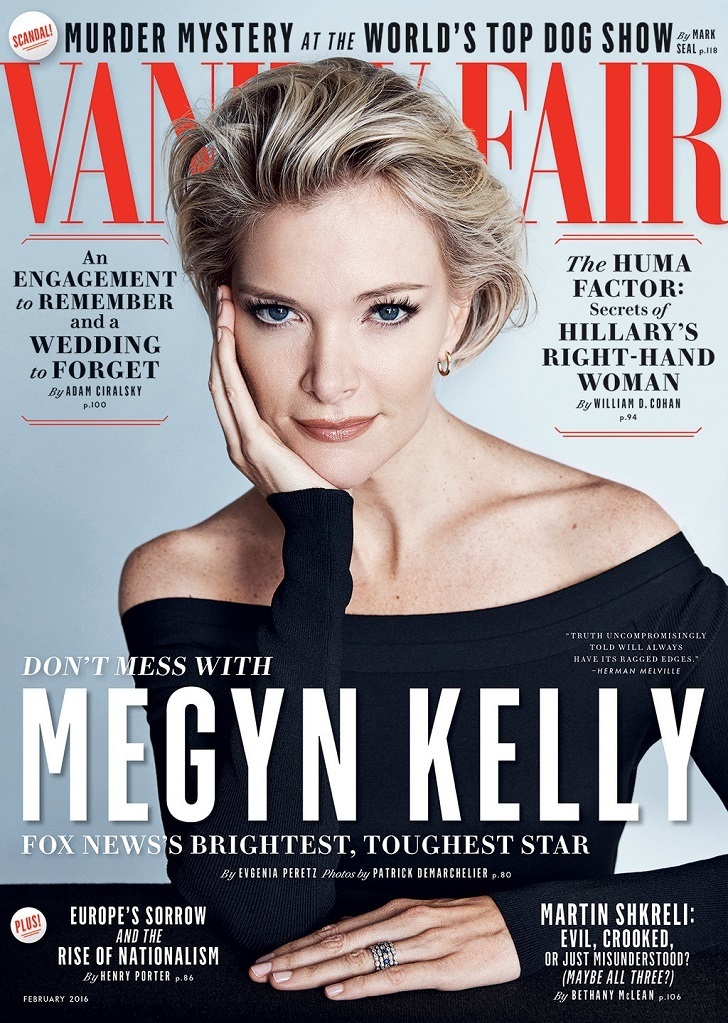 Donald Trump's arch rival form the media Megyn Kelly on the cover of Vanity fair magazine February, 2016 issue,