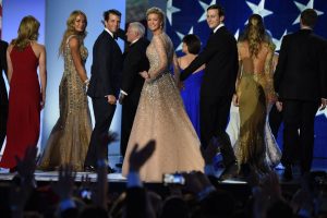 Vanessa and Donald Trump Jr, Ivanka Trump and Jared Kushner salute the crowd after dancing on stage during the Freedom ball at the Walter E. Washington Convention Center on January 20, 2017 in Washington, DC.