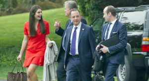 Hope Hicks, White House Director of Strategic Communications, Steve Bannon, Chief Strategist, White House Chief of Staff Reince Priebus, and White House Policy Advisor Stephen Miller .